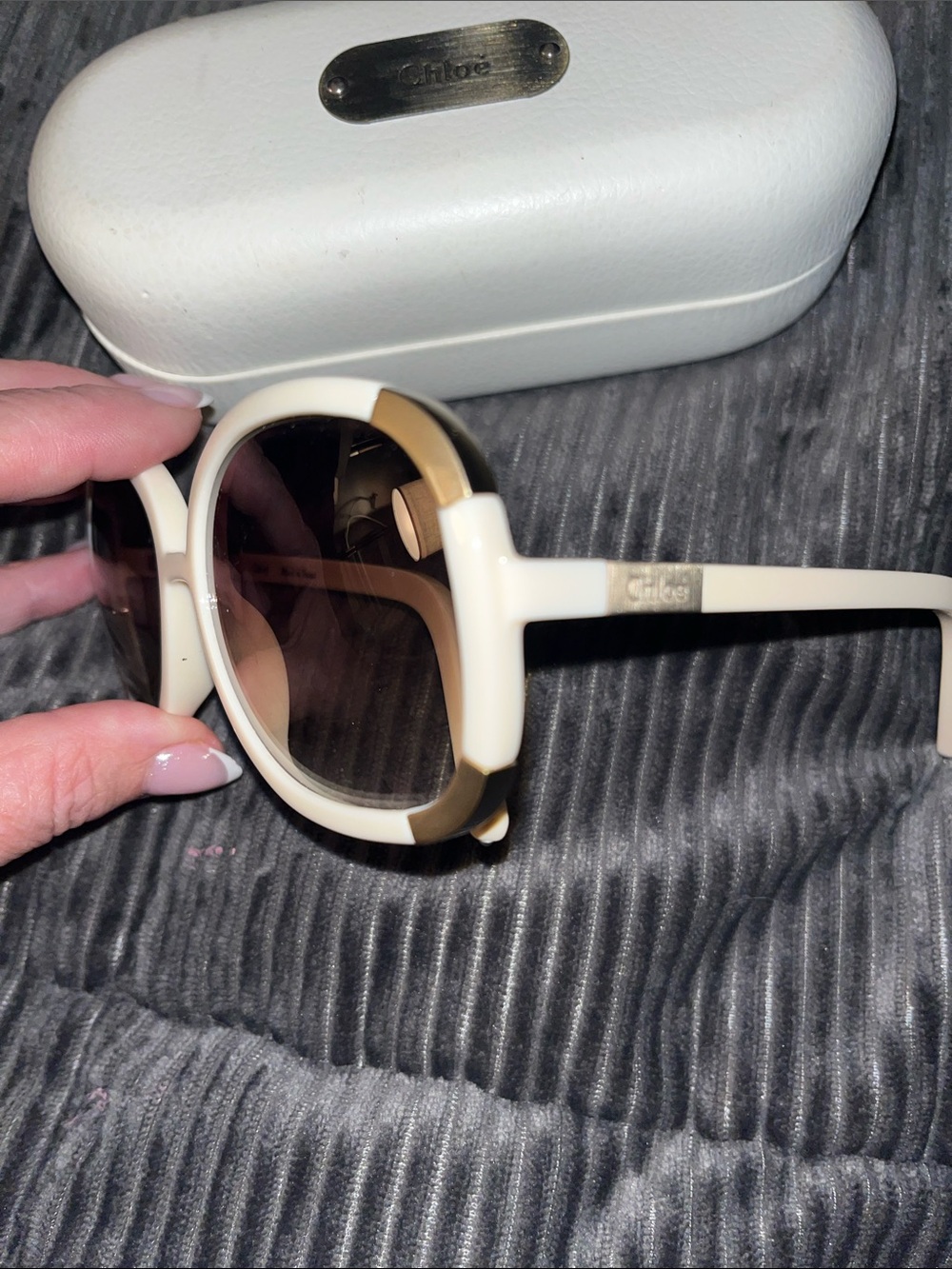Chloe Cream Round Sunglasses with Gradient Brown Lenses - Picture 10 of 12
